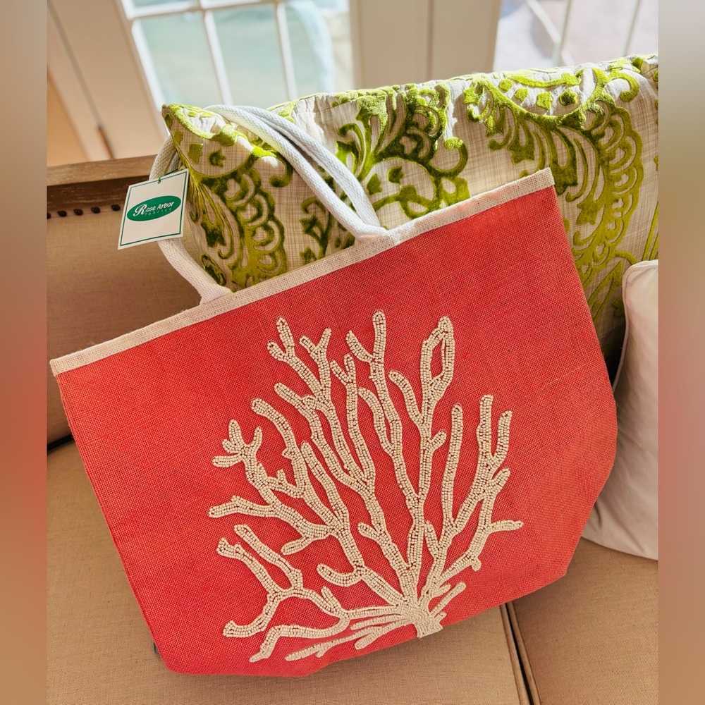 Coral and Cream Beaded Tote Bag